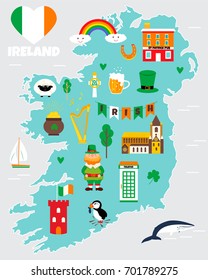 Tourist map of Ireland with landmarks, destinations and symbols.