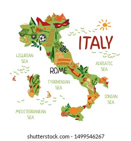 Tourist map of Italy with architecture, symbols and nature on a white background drawn by hand. For travel guides, travel packages, posters, invitation to an Italian party. Cute cartoon Vector image