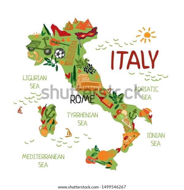 Tourist Map Italy Architecture Symbols Nature Stock Vector