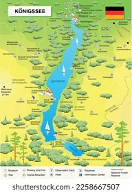 Tourist map of Lake Königssee in Germany. Vector illustration