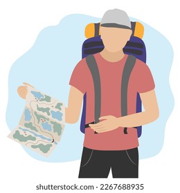 Tourist with a map and a large backpack. Active lifestyle vector cartoon