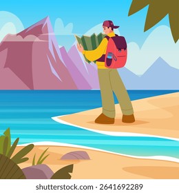 Tourist with map. man traveller standing on sand and watching on mountain on horizon
