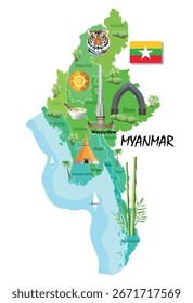 Mapa turístico de Myanmar. Ilustración de Arte vectorial