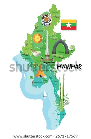 Tourist map of Myanmar. Vector art illustration