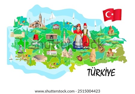 Tourist map of Türkiye. Turkish attractions. Vector art illustration