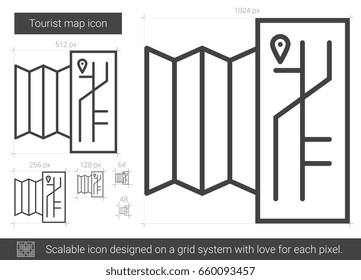 Tourist map vector line icon isolated on white background. Tourist map line icon for infographic, website or app. Scalable icon designed on a grid system.