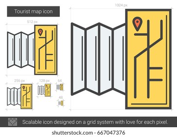 Tourist map vector line icon isolated on white background. Tourist map line icon for infographic, website or app. Scalable icon designed on a grid system.