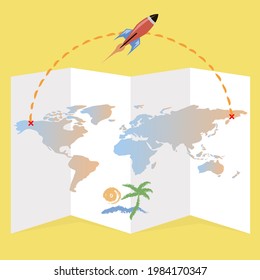 tourist map of the world with route and rocket on top on yellow background 