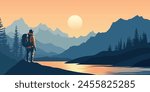 A tourist meets the sunrise in the mountains, hiking, adventure tourism and travel, vector illustration