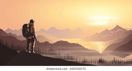 A tourist meets the sunrise in the mountains, hiking, adventure tourism and travel, vector illustration