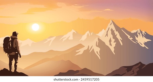 A tourist meets the sunrise in the mountains, hiking, adventure tourism and travel, vector illustration