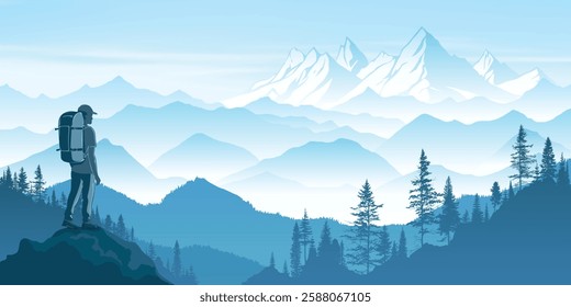A tourist meets the sunrise in the mountains, hiking, adventure tourism and travel, vector illustration