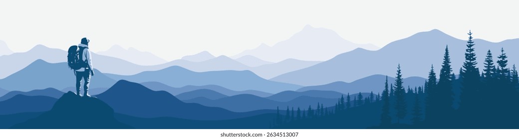 A tourist meets the sunrise in the mountains, hiking, adventure tourism and travel, vector illustration, panoramic view