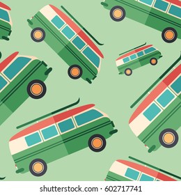 Tourist minivan flat icon seamless pattern.