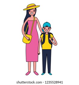 tourist mother and son with backpack