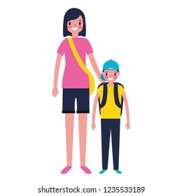 tourist mother and son with suitcase 
