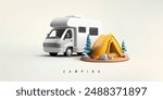 Tourist motor home, camper, tent, trees, 3D. For concepts of family summer recreation in nature, camping, bright family travel, and vacation. Vector