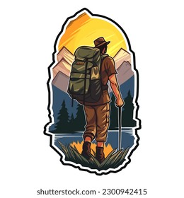 Tourist in mountain peak. Active life concept. Sports disciplines. cartoon vector illustration, white background, label, sticker
