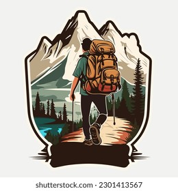 Tourist in mountain peak. Active life concept. Sports disciplines. cartoon vector illustration, white background, label, sticker