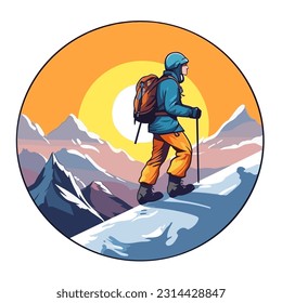 Tourist in mountain peak. Active life concept. Sports disciplines. cartoon vector illustration, white background, label, sticker