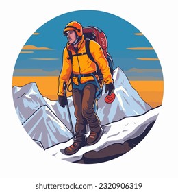 Tourist in mountain peak. Active life concept. Sports disciplines. cartoon vector illustration, white background, label, sticker