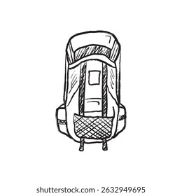 Tourist mountain vacation backpack with stripes in black brush stroke texture isolated on white. Hand drawn vector sketch illustration in vintage charcoal ink. Tourism equipment