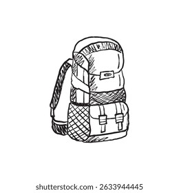 Tourist mountain vacation backpack with stripes in black brush stroke texture isolated on white. Hand drawn vector sketch illustration in vintage charcoal ink. Tourist hiking equipment