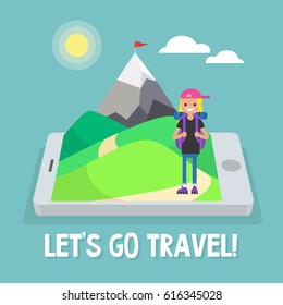 Tourist in mountains. Augmented reality. Travel mobile application. Vector illustration, clip art