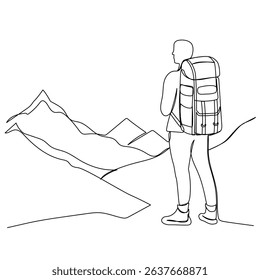 A tourist in the mountains in continuous one line art style. Travel concept. Simple vector illustration