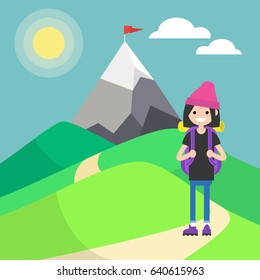 Tourist in mountains. Outdoor activity. Vector illustration, clip art. Flat illustration