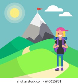 Tourist in mountains. Outdoor activity. Vector illustration, clip art. Flat illustration