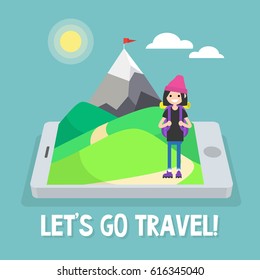 Tourist in mountains. Travel mobile application. Vector illustration, clip art