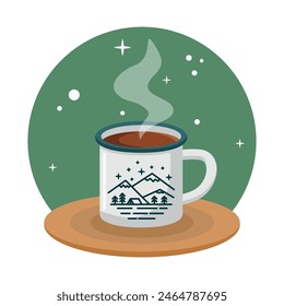 Tourist mug with a picture of mountains and hot tea. Vector illustration for logo, icon, print. Theme of tourism, travel, hiking. Isolated vector illustration