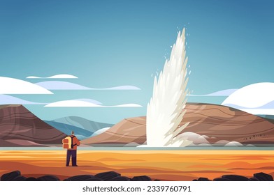 tourist near impressive eruption of active geyser hot water steam spraying out from under ground power fountain outdoor