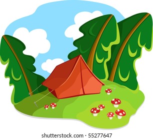 Tourist old-style tent in autumn forest and mushrooms. Vector illustration. No gradients.