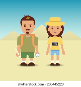 Tourist on the background of the desert and pyramids. Vector illustration.