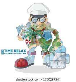 Tourist on the background of a tropical island. Double exposure. Isolated on white background. Vector illustration.
