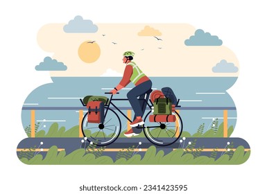 Tourist on bicycle concept. Young guy at background of beautiful natural landscape. Travel and active lifestyle. Character on ecofriendly transport. Cartoon flat vector illustration