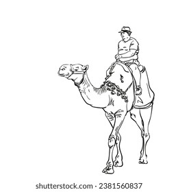 Tourist on camel, Overweight man in hat riding camel, Hand drawn vector sketch