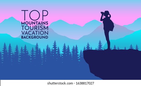 Tourist on cliff looks through binoculars. Explorer. Tourism on nature template of flyer, poster, cover, banner. Active lifestyle invitation concept background. Layout illustration modern page. Flat design