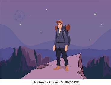 Tourist on a mountain is looking for help. Backpacker on a rock. Mountain landscape in the twilight. Sky full of stars. Horisontal vector illustration cartoon character.