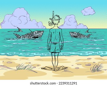 a tourist on the seashore. Mechanical dangerous sharks swim in the ocean