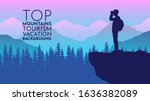 Tourist on top looks in binoculars. Explorer. Tourism on nature template of flyer, poster, cover, banner. Active lifestyle invitation concept background. Layout illustration modern page. Flat design