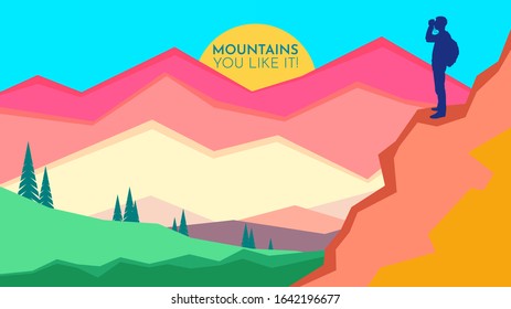 Tourist on top looks in binoculars. Explorer. Tourism on mountain of flyer, poster, cover, banner. Active lifestyle invitation concept background. Layout illustration modern page. Flat design