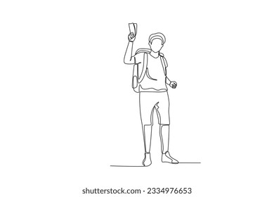 A tourist on a tour shows his ticket. World tourism day one-line drawing