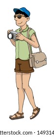 Tourist on vacation with camera, vector illustration