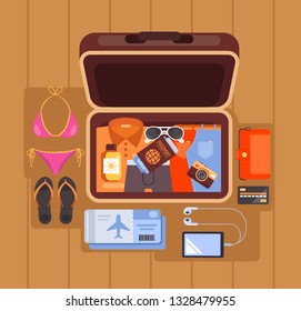 Tourist open case suitcase full of travel things objects elements icons. Summer time traveling vacation concept. Vector flat cartoon isolated graphic design illustration