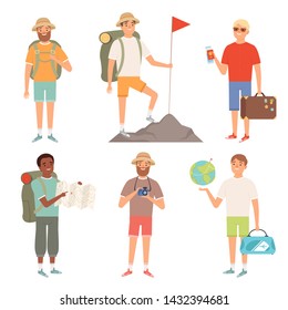 Tourist. Outdoor characters travellers hiking backpacker vector peoples adventure collection. Illustration of hiking and travel, tourism character