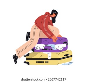 Tourist packing suitcases. Female passenger trying to close overpacked luggage, travel bag. Baggage preparation problem with clothes sticking out. Flat vector illustration isolated on white background