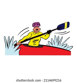 Tourist paddle in kayak. Active recreation and sports rivers and lakes. Man life jacket paddles one seater canoe through water. Extreme rafting along mountain river flow. Vector flat concept isolated
